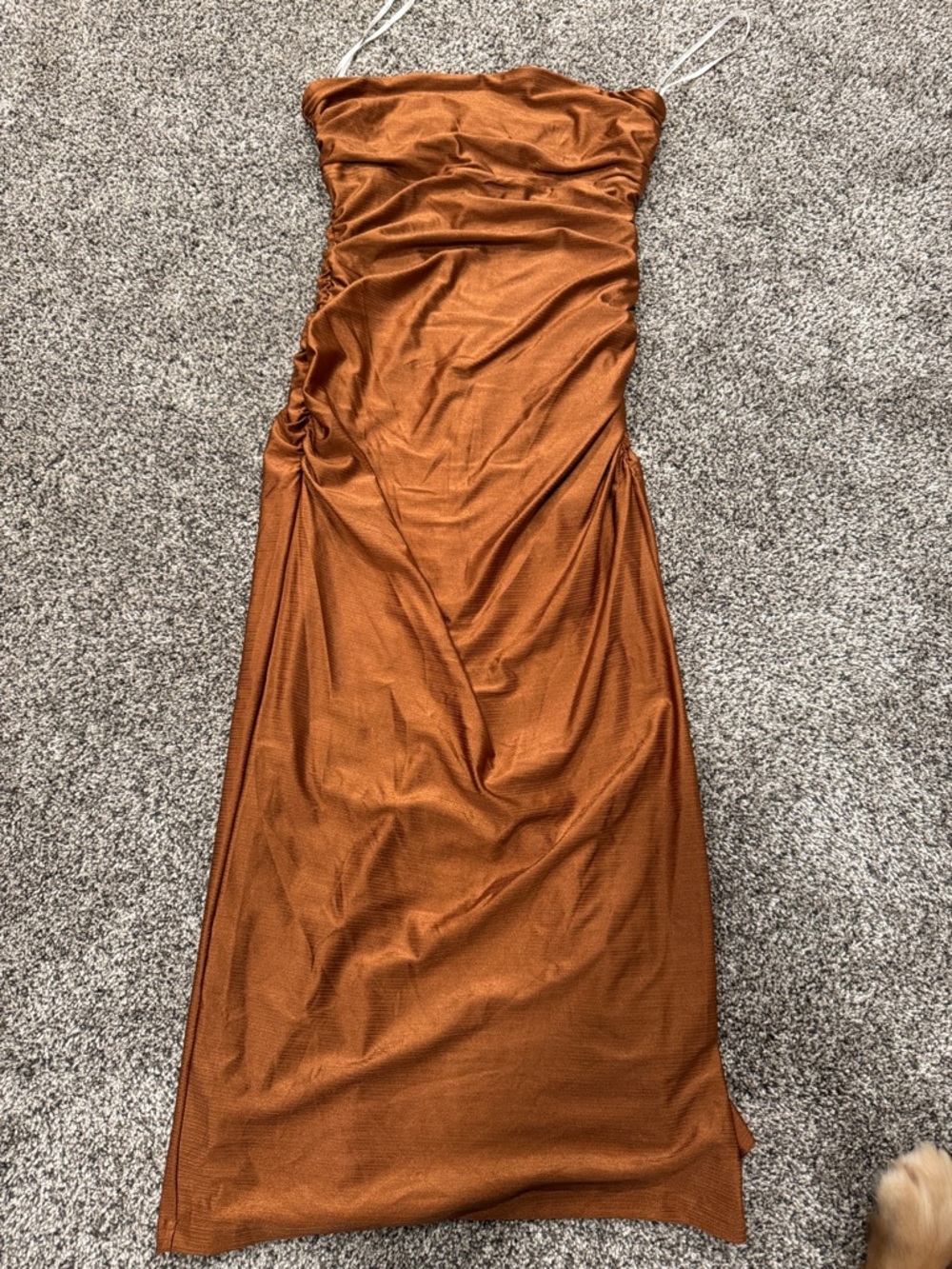 Lulu's Copper Satin Ruched Midi Slip Dress